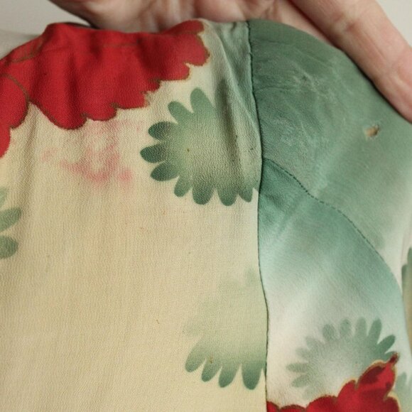 Vintage 1960s Dress, Green and Red Asian Rayon Maxidress with Iris Floral Print - Picture 9 of 10